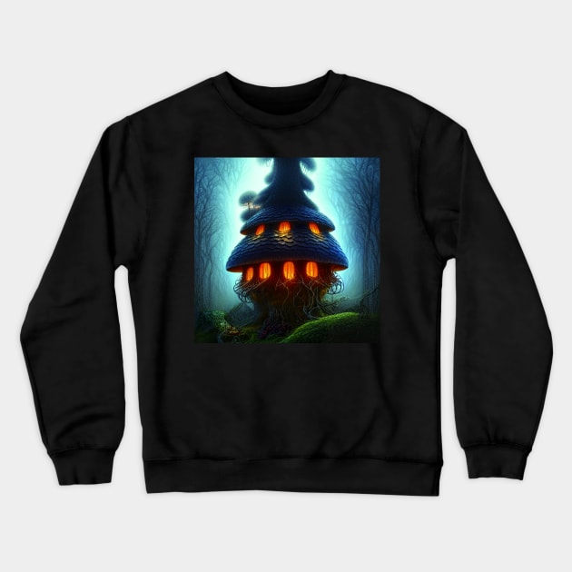 Magical Big Cottage Mushroom House with Lights in Forest with High Trees, Mushroom Aesthetic Crewneck Sweatshirt by Promen Art